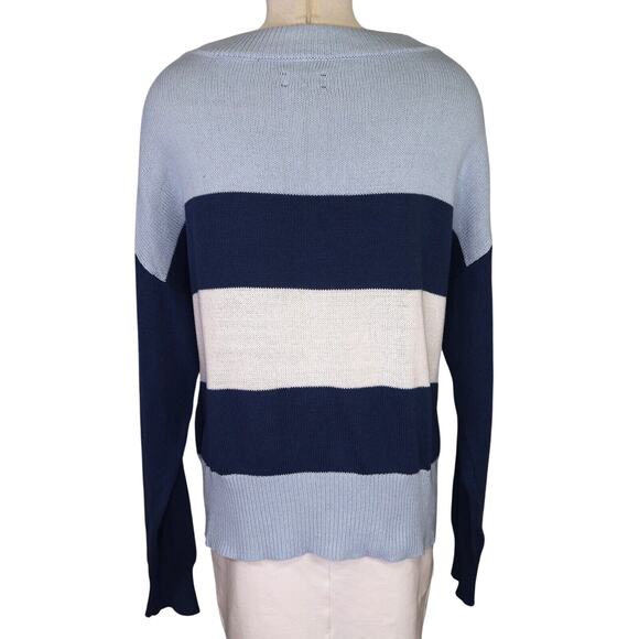 Lucky Brand Sweater Womens Large Blue White Stripe Cotton Colorblock Nautical - Picture 2 of 12